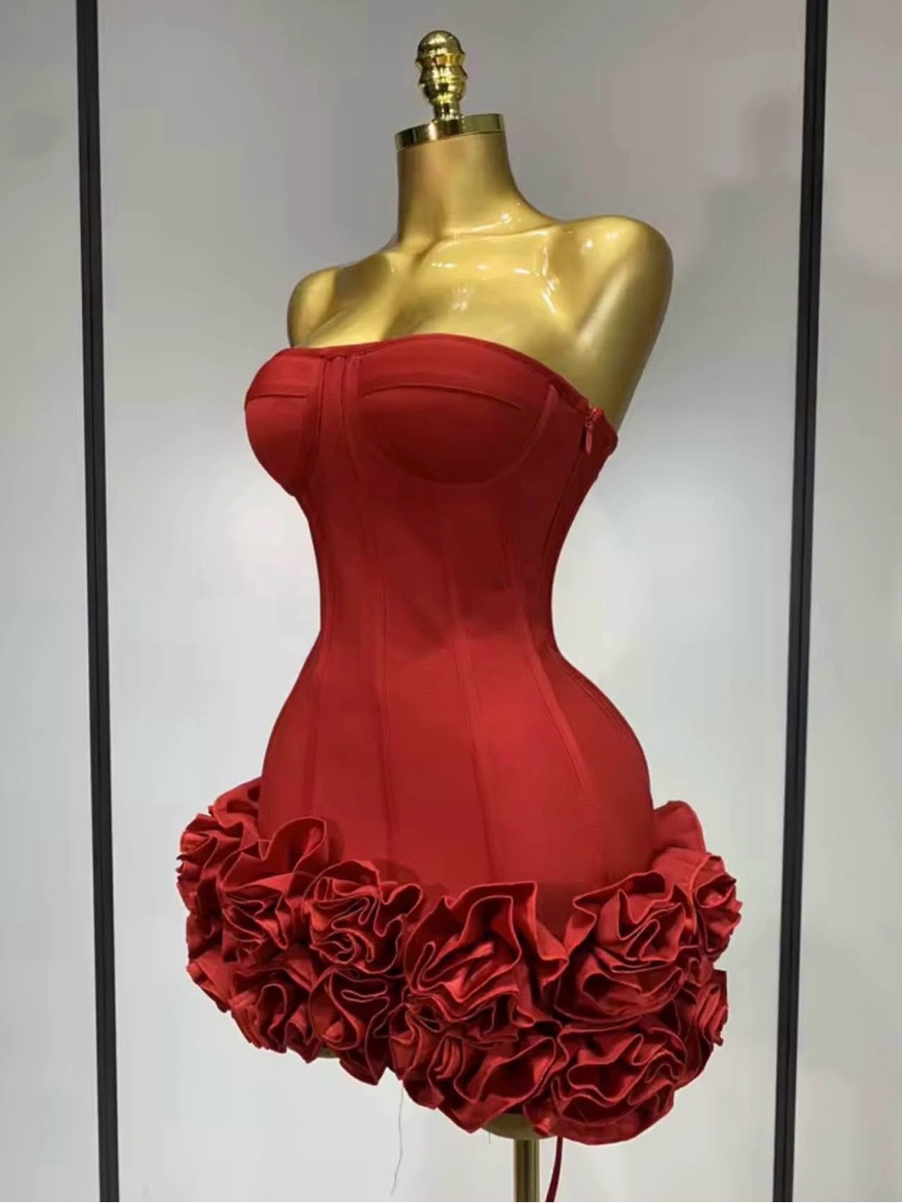 Strapless Red Corset Mini Dress with Ruffled Hem